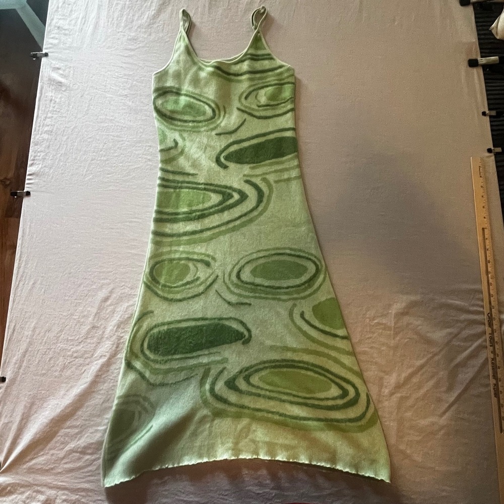 Green Abstract Swirl Knit Maxi Dress Cut Out Back Adjustable Straps Small
